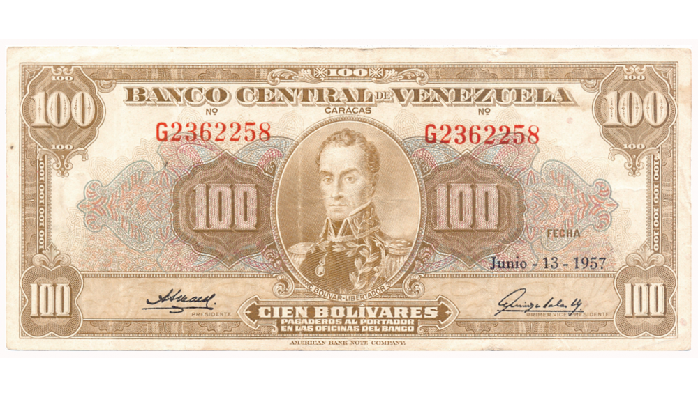 Billete 100 Bolívares Junio 1957 G7 Serial G2362258 - Numisfila
