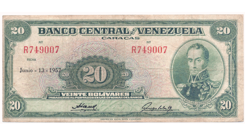 Billete 20 Bolívares 1957 R6 Serial R749007  - Numisfila