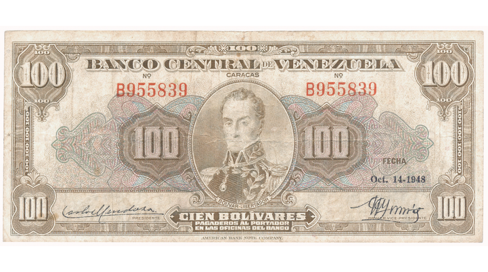 Billete 100 Bolívares Octubre 1948 B6 Serial B955839 - Numisfila