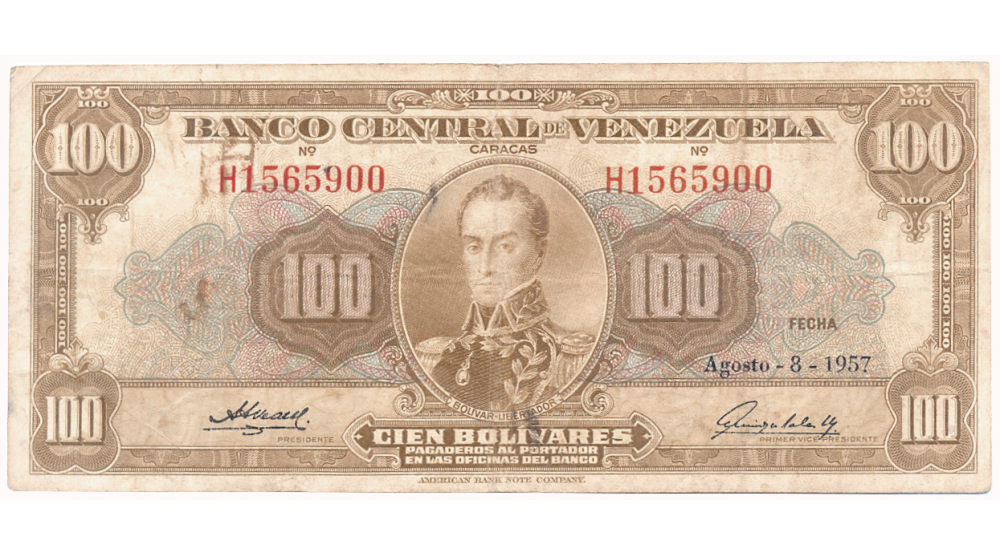 Billete 100 Bolívares Agosto 1957 H7 Serial H1565900 - Numisfila