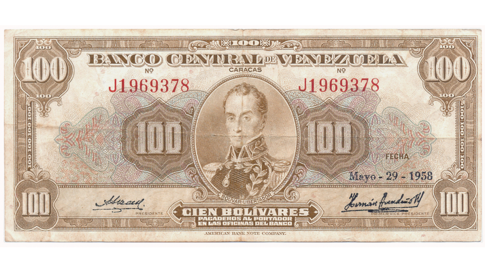 Billete 100 Bolívares 1958 J7 Serial J1969378 - Numisfila