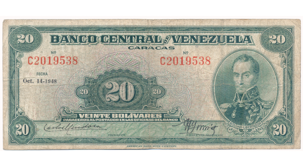 Billete 20 Bolívares Octubre 1948 C7 Serial C2019538 - Numisfila