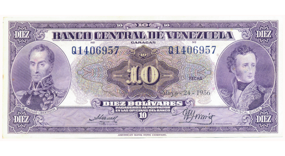 Billete 10 Bolivares 1956 Q7 Serial Q1406957 - Numisfila