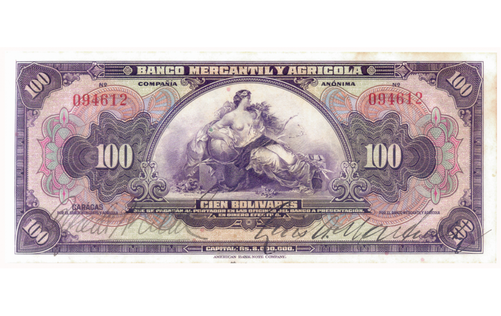 Billete Banca Privada 100 Bolívares Banco Mercantil y Agrícola Remainder con Firmas - Numisfila