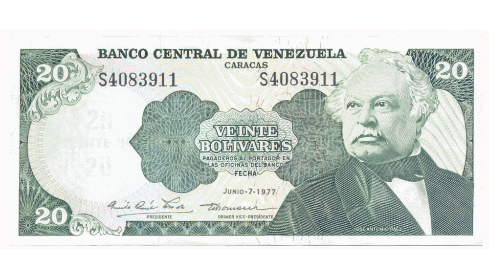 Billete 20 Bolívares 1977 S7 Serial S4083911 - Numisfila