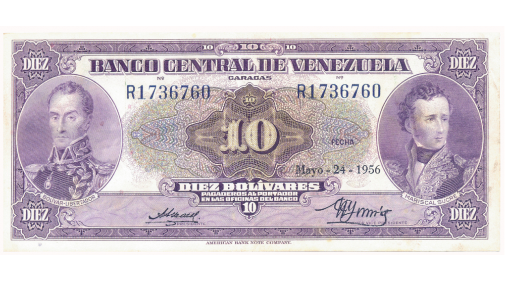 Billete 10 Bolivares 1956 R7 Serial R1736760 - Numisfila