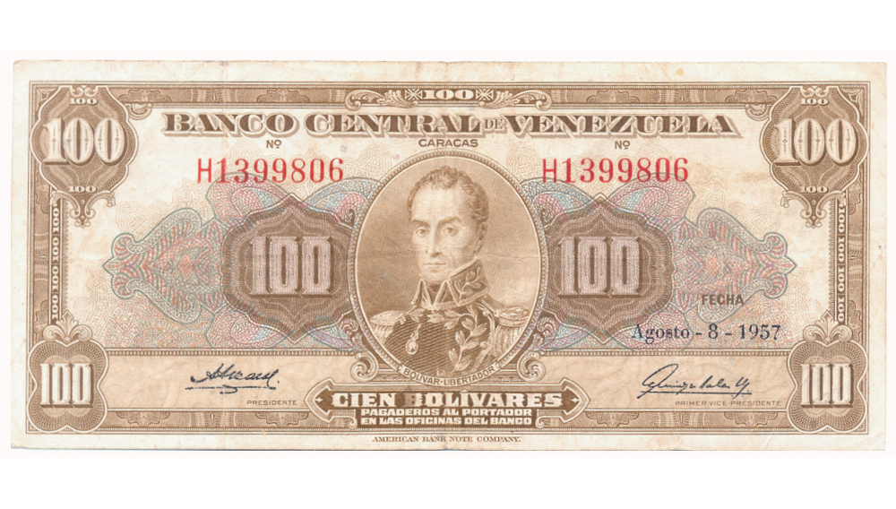 Billete 100 Bolívares Agosto 1957 H7 Serial H1399806 - Numisfila