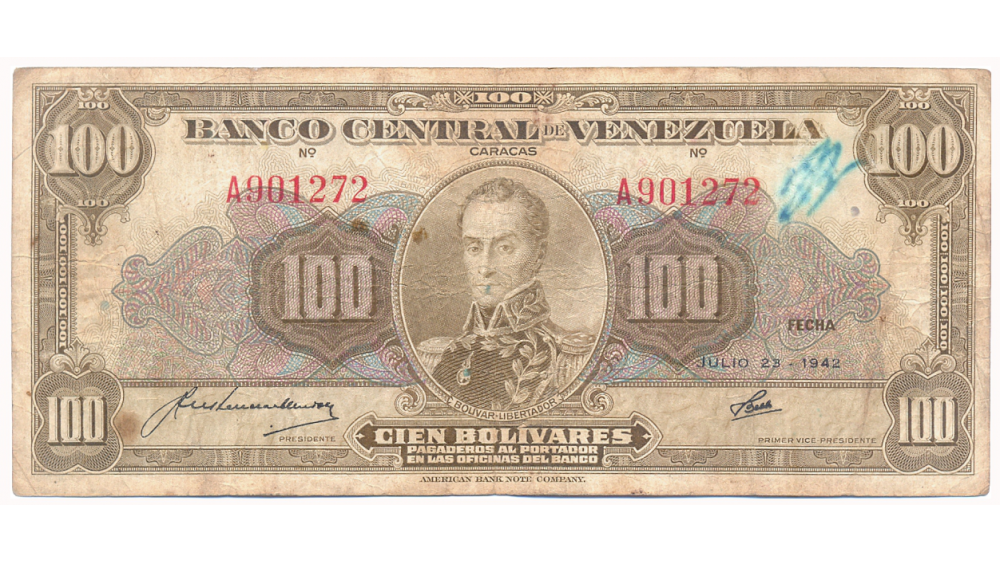 Escaso Billete 100 Bolivares Julio 1942 A6 Serial A901272 - Numisfila