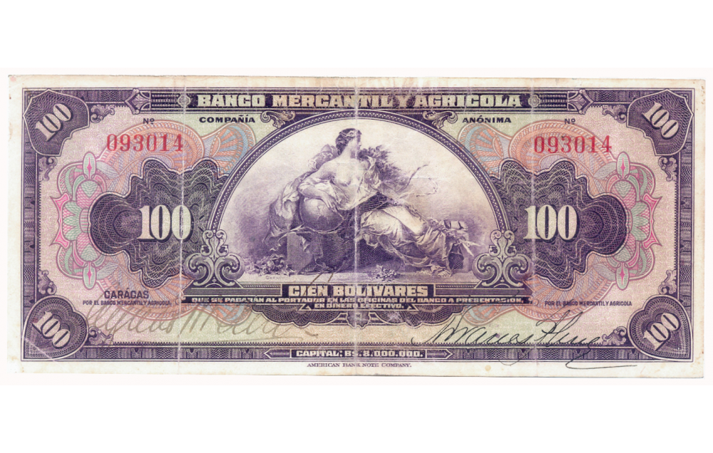 Billete Banca Privada 100 Bolívares Banco Mercantil y Agrícola Remainder con Firmas Serial 093014 - Numisfila