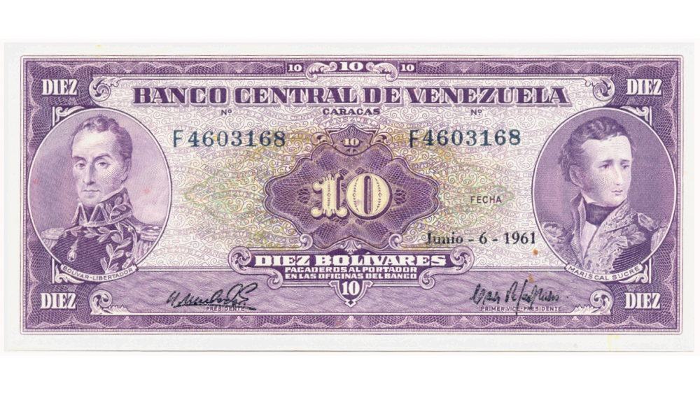 Excelente Billete 10 Bolívares 1961 F7 Serial F4603168 Cara Volteada  - Numisfila