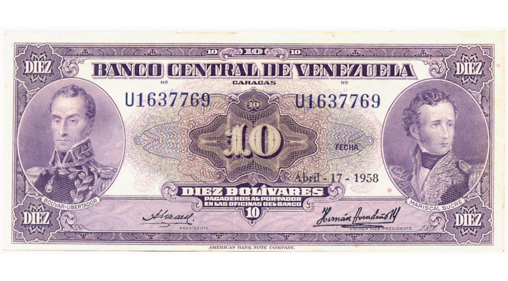 Billete 10 Bolívares 1958 U7 Serial U1637769 - Numisfila