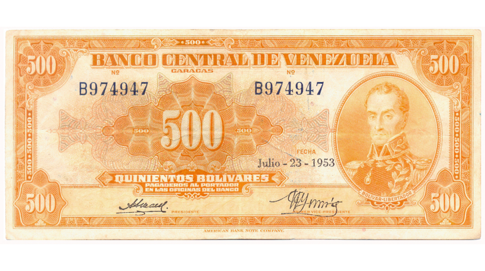 Billete 500 Bolívares 1953 B6 Serial B974947 Canario - Numisfila