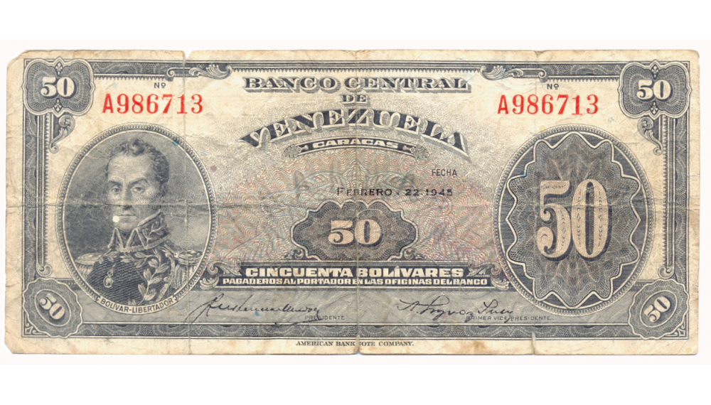 Escaso Billete 50 Bolívares Febrero 1945 A6 Serial A986713 - Numisfila