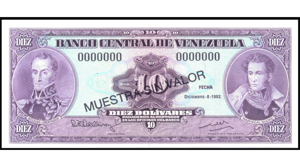 Billete Muestra Sin Valor 10 Bolívares 1992  - Numisfila