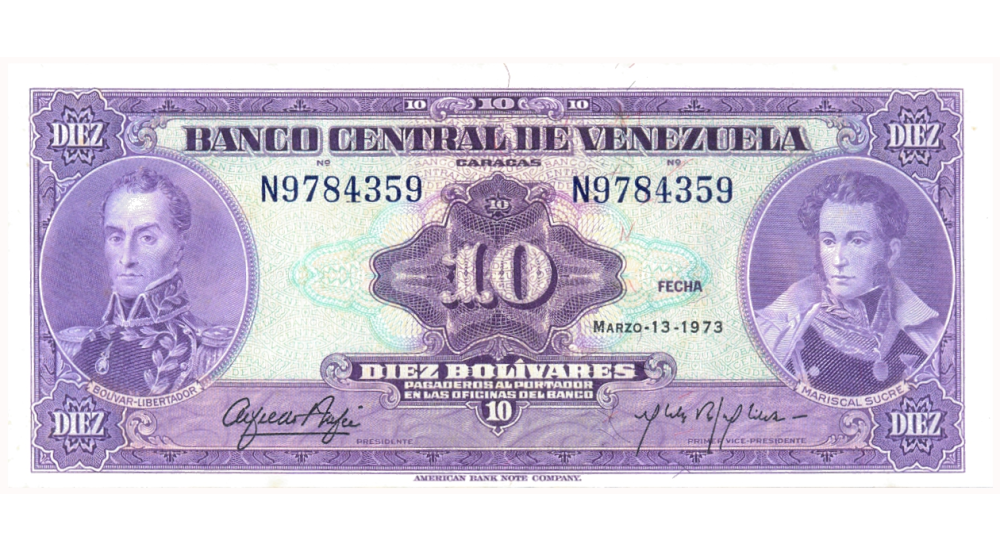 Billete 10 Bolívares 1973 Difícil N7 Serial N9784359 - Numisfila