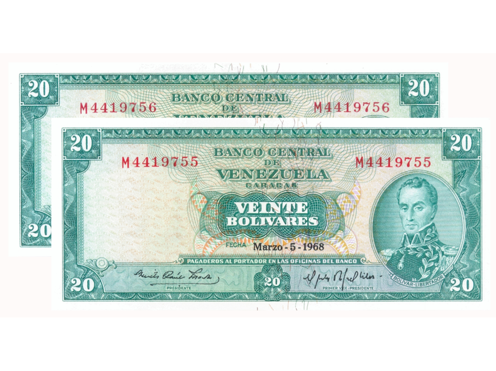 Pareja Billetes 20 Bolívares 1968 M7 Seriales M4419755 y M4419756 - Numisfila