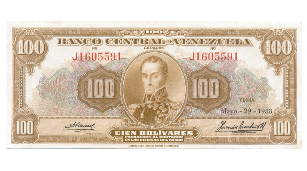 Billete 100 Bolívares 1958 J7 Serial J1605591 - Numisfila