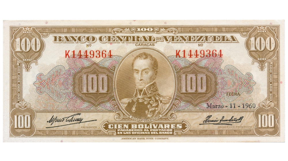 Billete 100 Bolívares 1960 K7 Serial K1449364 - Numisfila