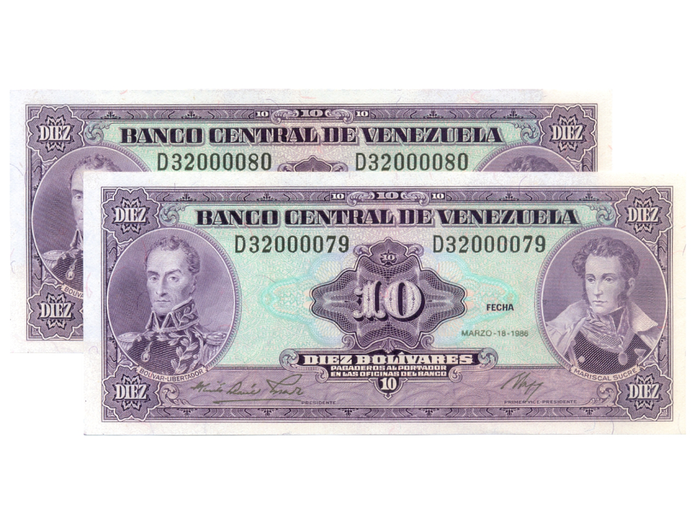 Billetes 10 Bolívares 1986 D8 Seriales Bajos D32000079 y D32000080 - Numisfila