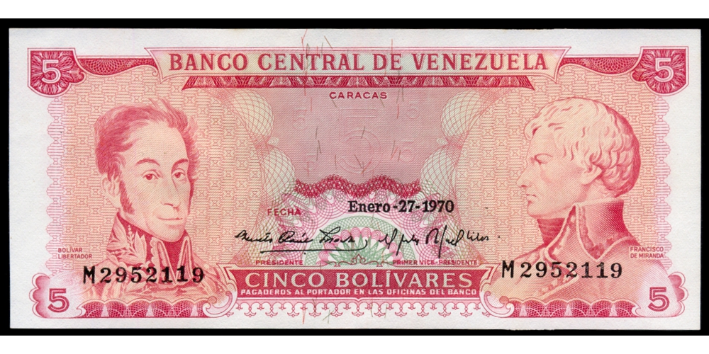 Billete 5 Bolívares 1970 M7 Serial M2952119 - Numisfila