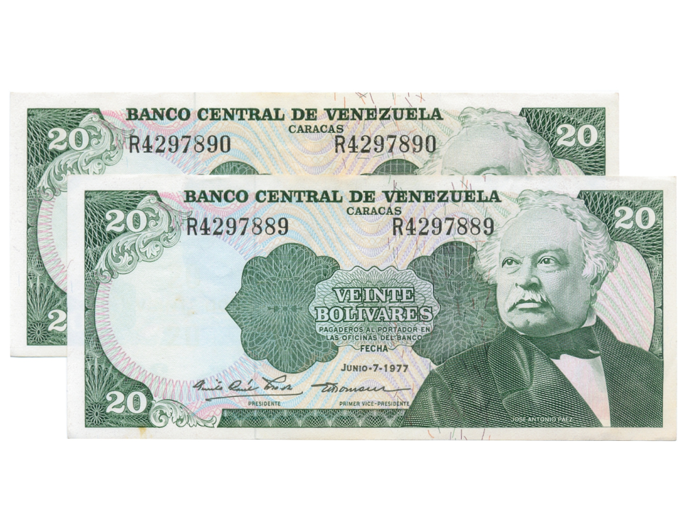 Pareja Billetes 20 Bolívares 1977 R7 Seriales R4297889 y R4297890 - Numisfila