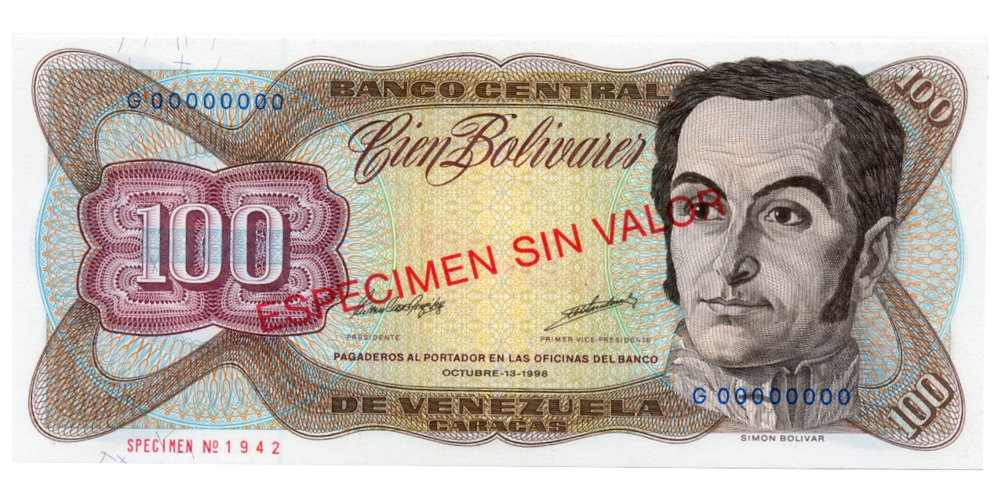 Espécimen Sin Valor Billete 100 Bolívares Octubre 1998 Nro. 1942 - Numisfila