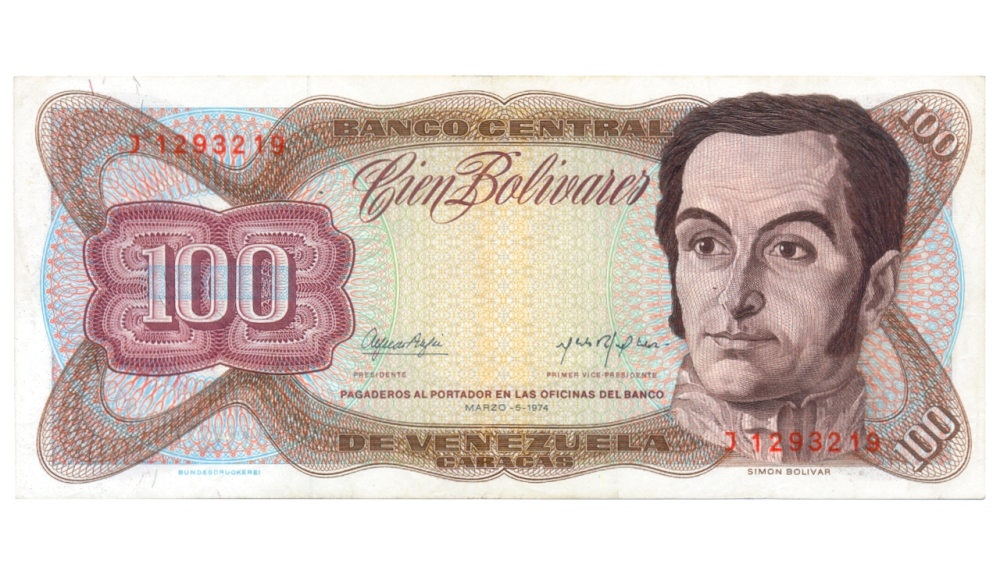 Billete 100 Bolívares 1974 Difícil J7 Serial Rojo J1293219 - Numisfila