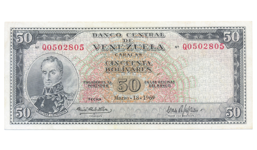 Billete 50 Bolívares 1969 Q7 Serial Q0502805  - Numisfila