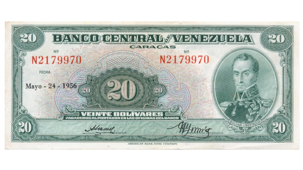 Billete 20 Bolívares 1956 N7 Serial N2179970 - Numisfila