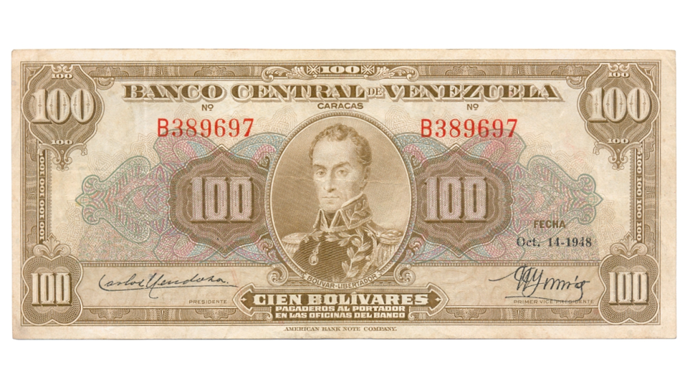 Billete 100 Bolívares Octubre 1948 B6 Serial B389697 - Numisfila