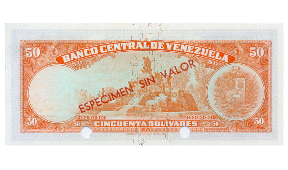 Billete Especimen Sin Valor 50 Bolívares 1964/72 - Rojo Letras Pequeñas  - Numisfila