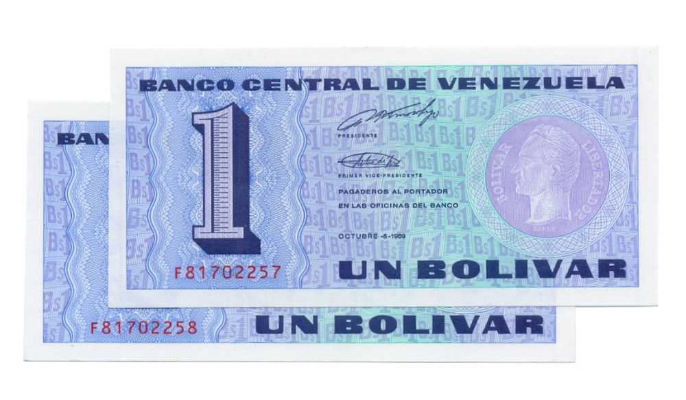 Dúo Billetes 1 Bolívar 1989 Difícil F8 Seriales F81702257 y F81702258 Tinoquitos - Numisfila