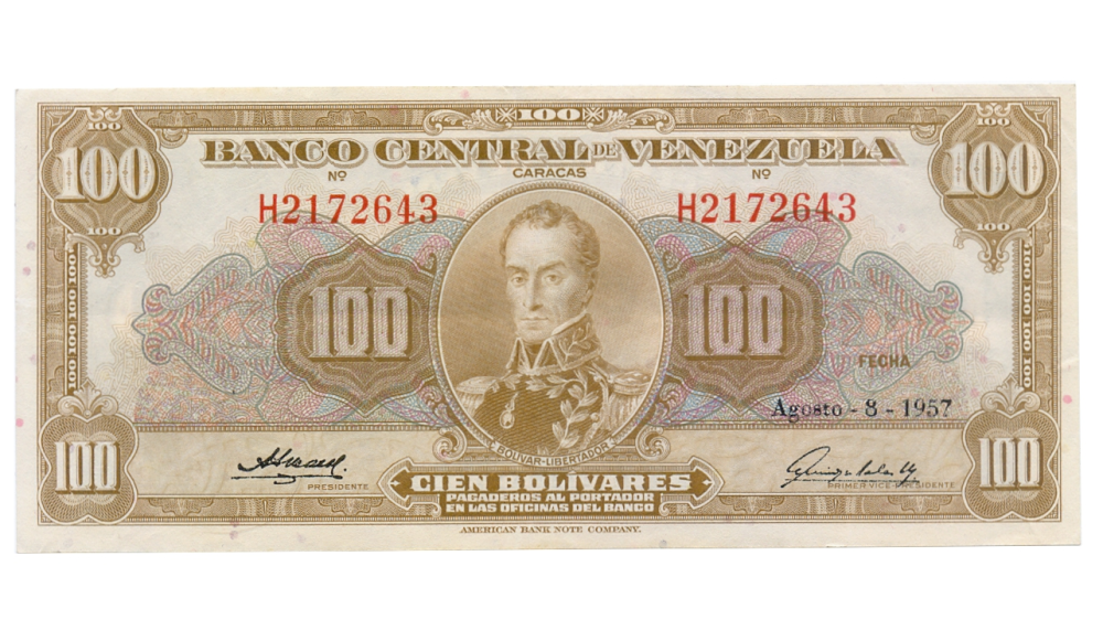 Billete 100 Bolívares Agosto 1957 H7 Serial H2172643 - Numisfila