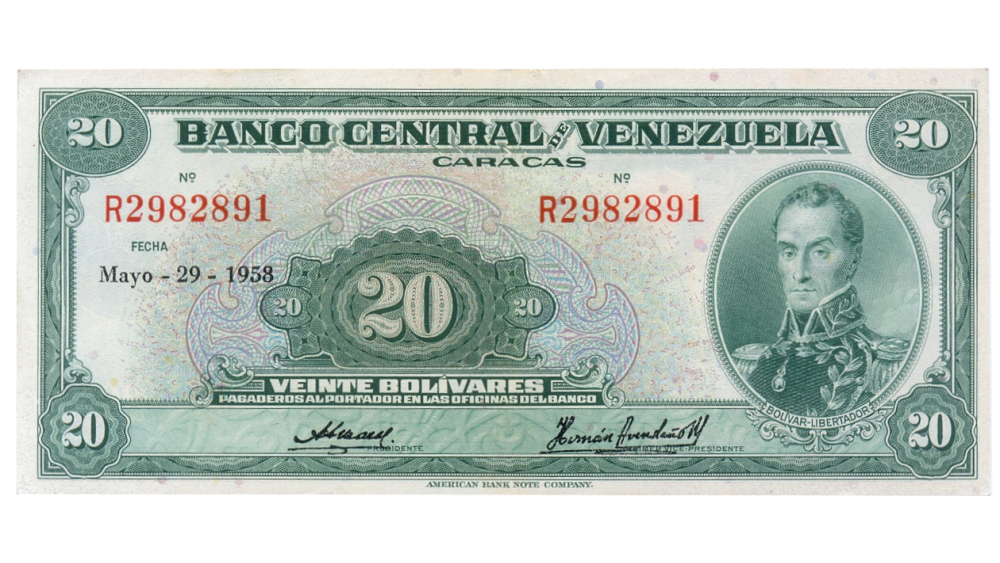 Billete 20 Bolívares 1958 R7 Serial R2982891 - Numisfila