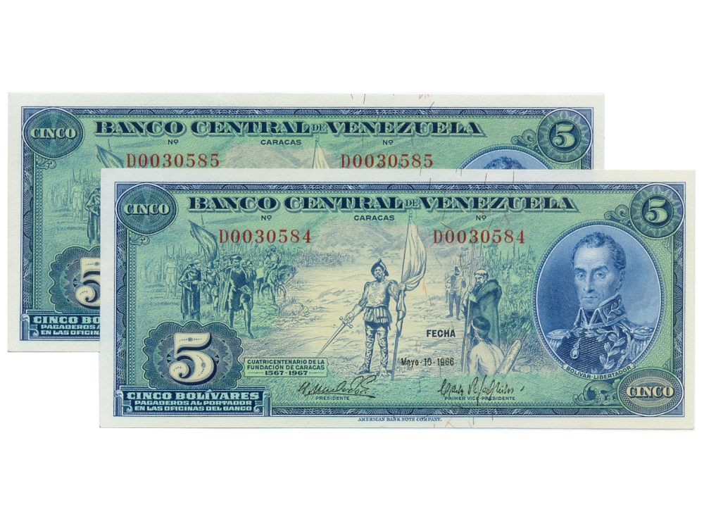 Pareja Billetes 5 Bolívares 1966 Difícil D7 Seriales D0030584 y D0030585 Dieguitos - Numisfila