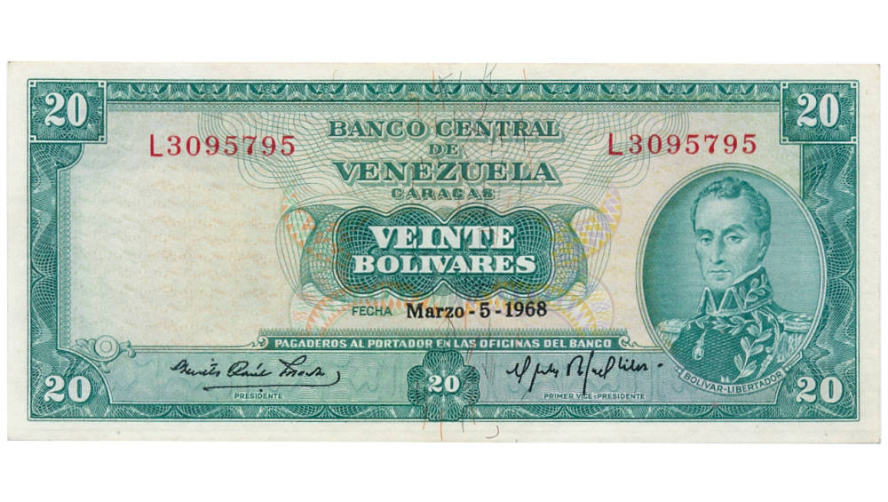 Billete 20 Bolívares 1968 L7 Serial L3095795 - Numisfila