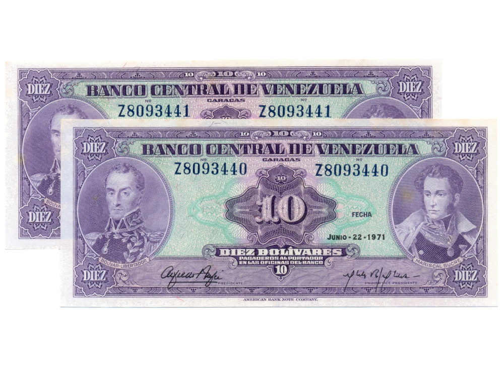 Pareja Billetes 10 Bolívares 1971 Z7 Seriales Z8093440 y Z8093441 - Numisfila