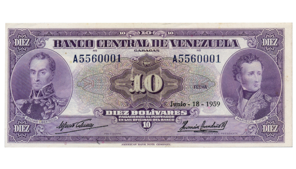 Billete 10 Bolívares 1959 A7 Serial A5560001 - Numisfila