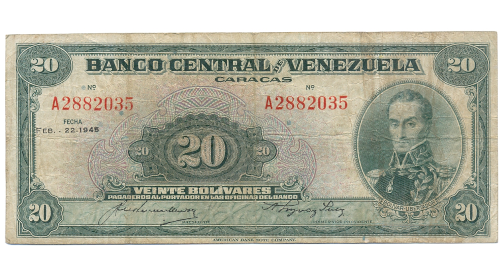 Billete 20 Bolívares Febrero 1945 A7 Serial A2882035      - Numisfila