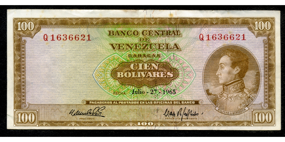 Billete 100 Bolívares 1965 Q7 Serial Q1636621 - Numisfila