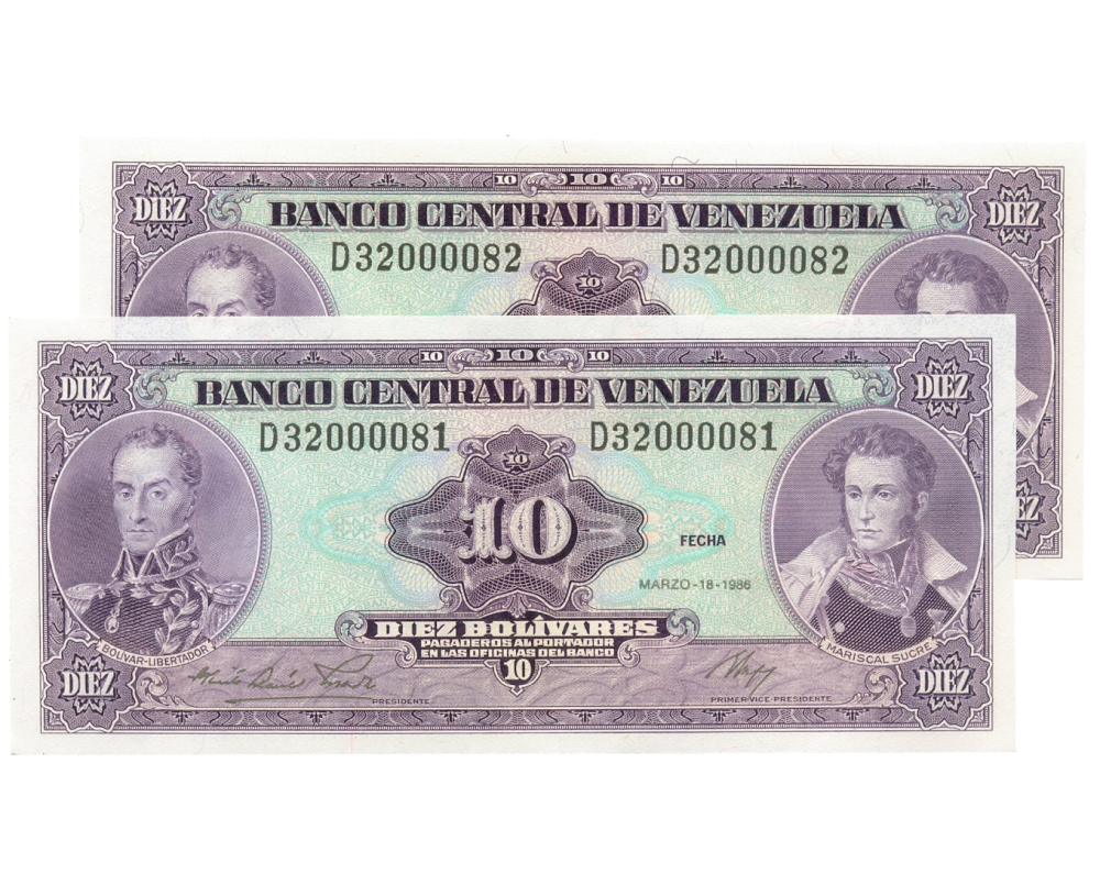 El 81 y 82 Billetes 10 Bolívares 1986 D8 Seriales Bajos D32000081 y D32000082 - Numisfila