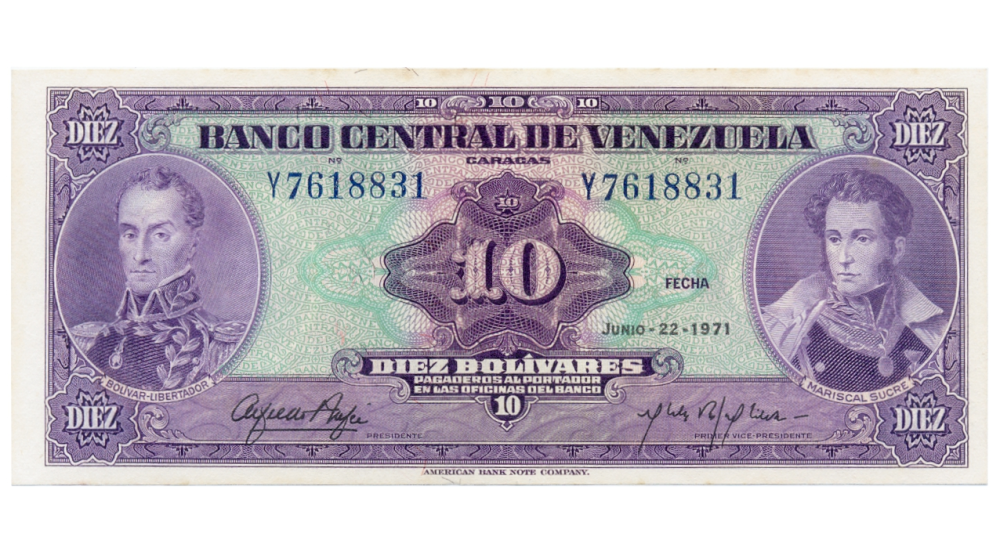 Billete 10 Bolívares 1971 Y7 Serial Y7618831 - Numisfila