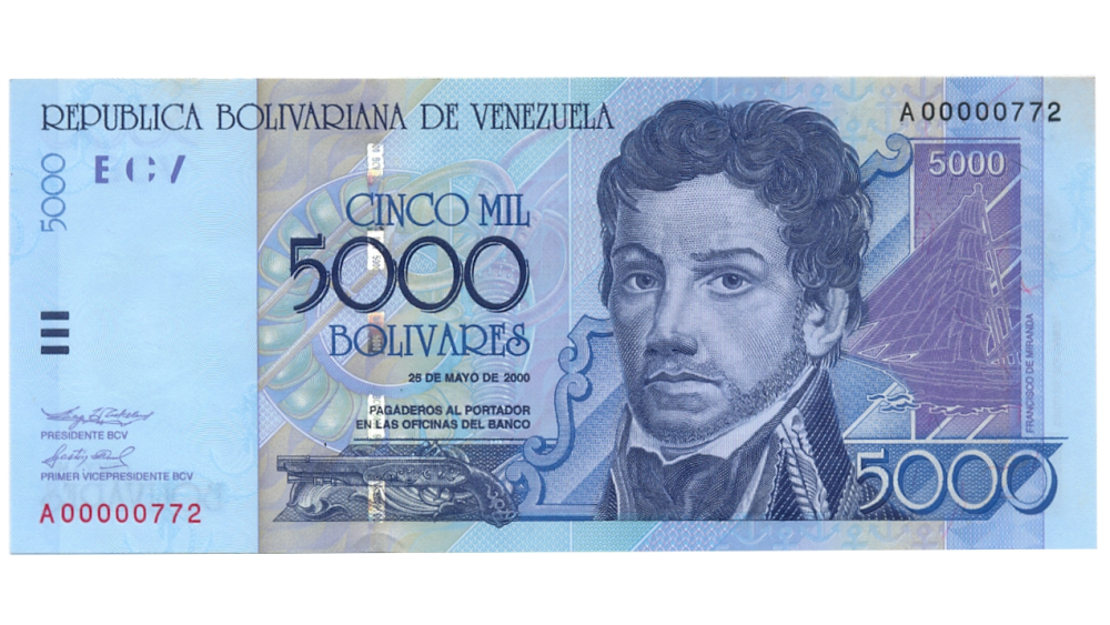 Billete 5000 Bolívares 2000 Serial Bajo A00000772 - Numisfila