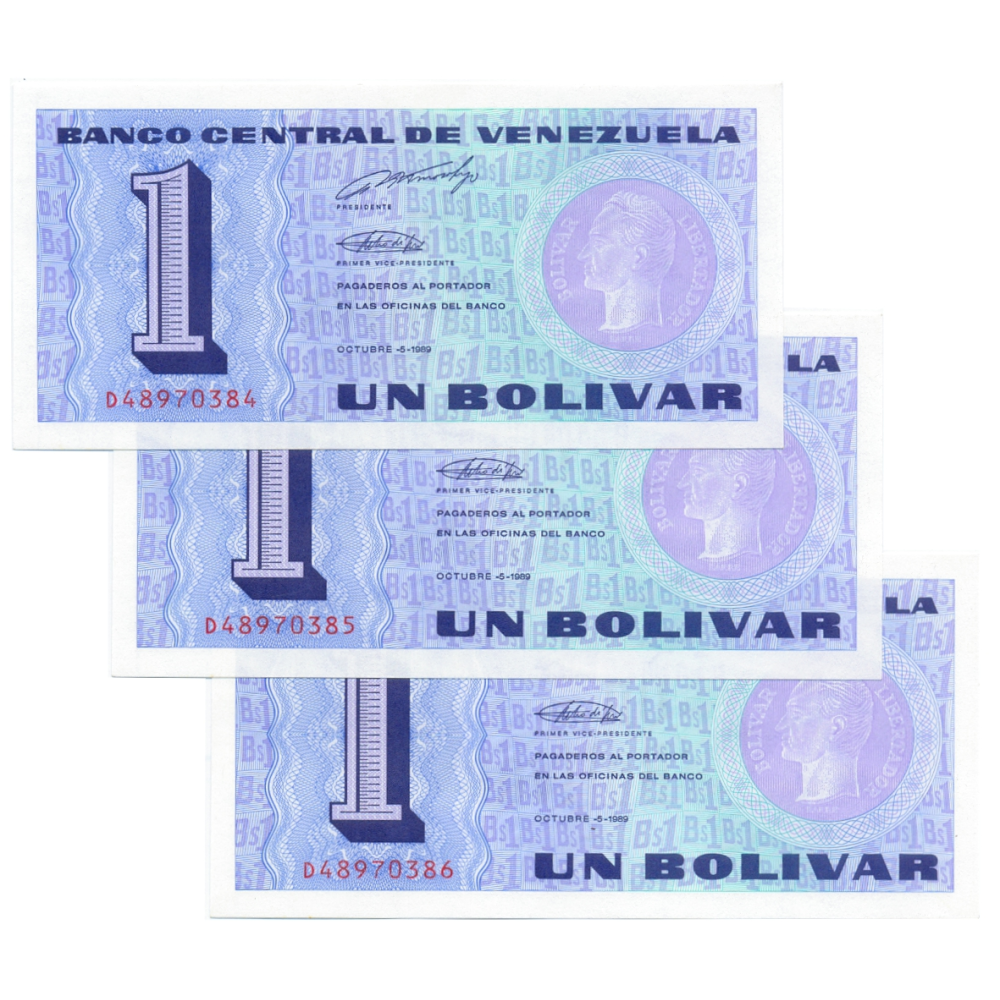 Trío Billetes Un Bolívar 1989 Difícil D8 Seriales D48970384 al D48970386 Tinoquitos - Numisfila