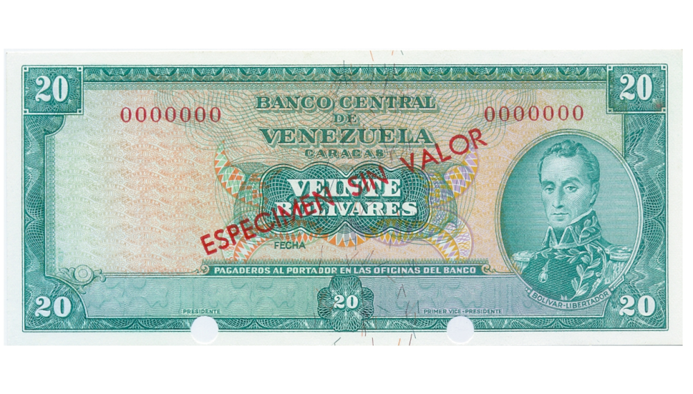 Billete Especimen Sin Valor 20 Bolívares 1967 / 1974 - Numisfila