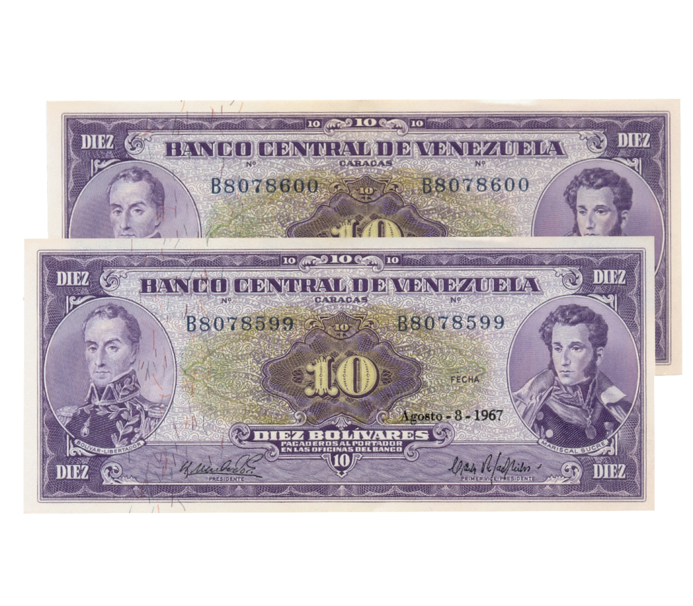 Billetes 10 Bolívares 1967 B7 Seriales B8078599 y B8078600 - Numisfila
