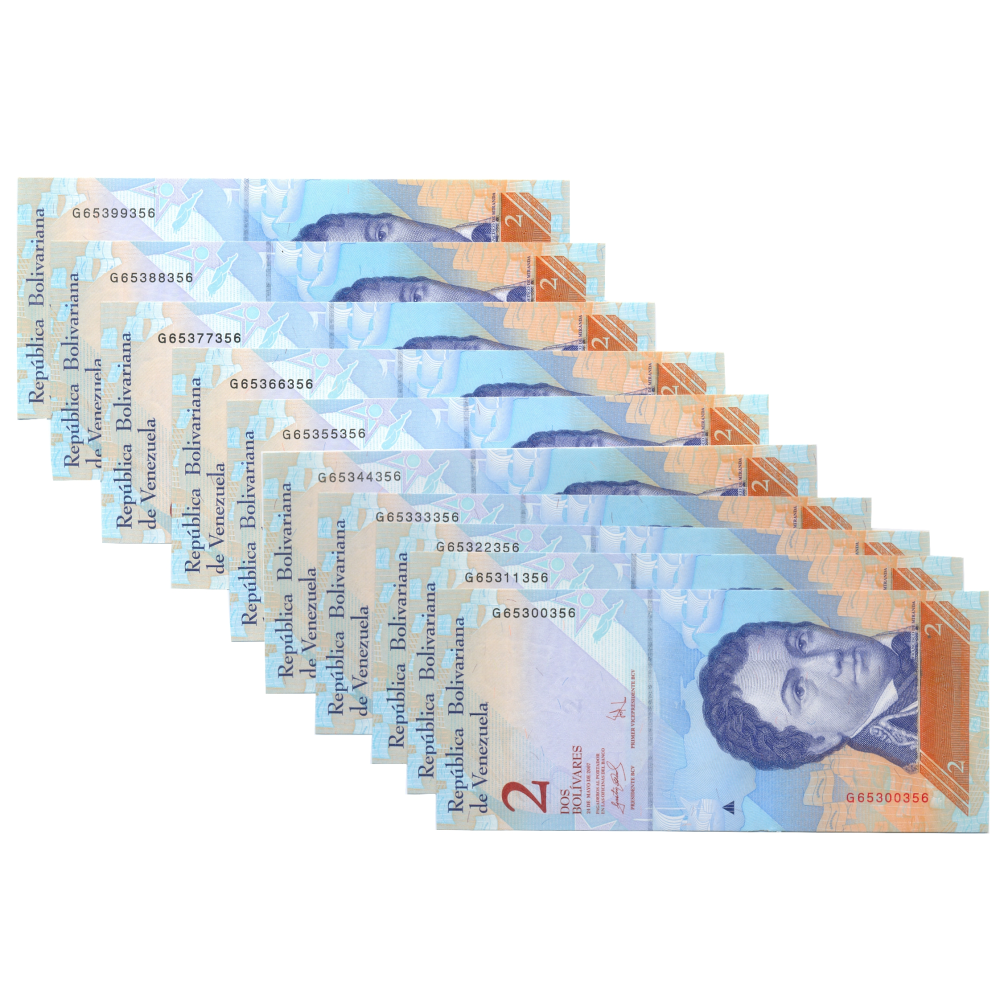 10 Billetes 2 Bolívares Mayo 2007 G8 Escalera Capicúas G65300356 al G65399356 - Numisfila