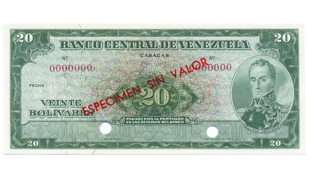 Billete Especimen Sin Valor 20 Bolívares 1960/1966 N°0000000 - Numisfila