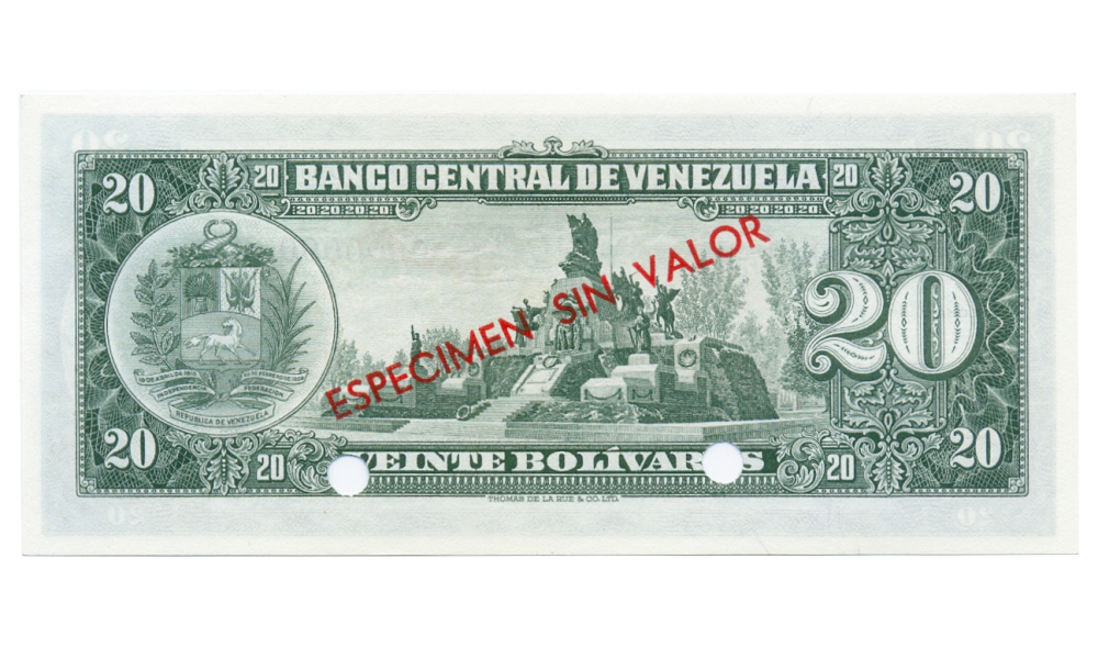 Billete Especimen Sin Valor 20 Bolívares 1960/1966 N°0000000  - Numisfila