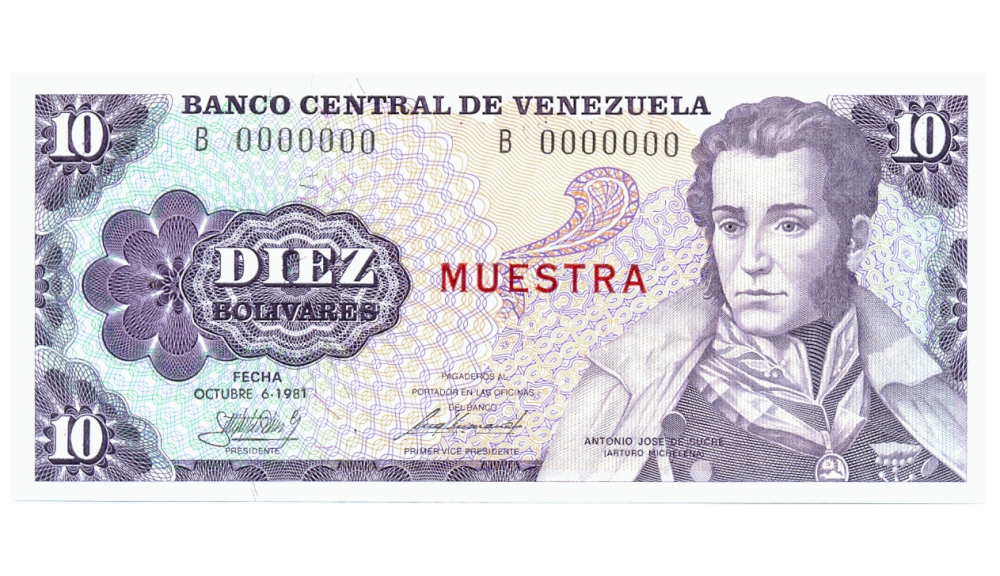Muestra Billete 10 Bolívares 1981 Muestra Muestra en Reverso - Numisfila